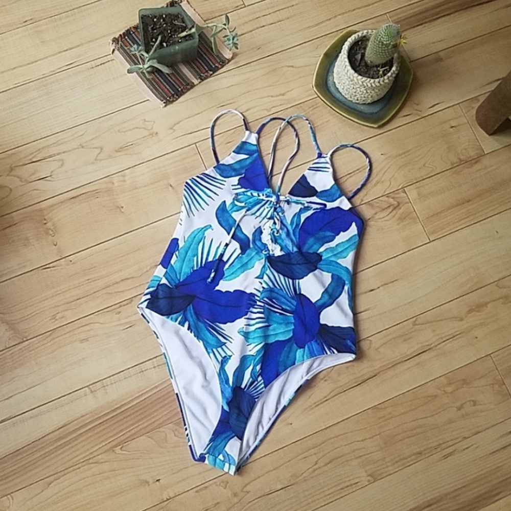 L. A. Hearts blue tropical one piece swim suit